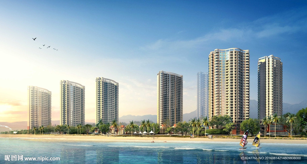 海边沙滩建筑住宅区黄昏效果图