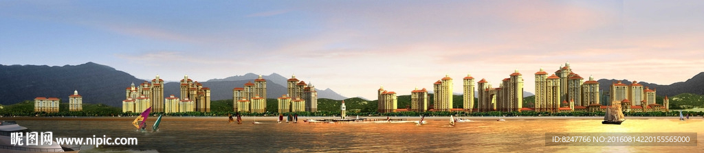 沿江住宅楼景观黄昏效果图