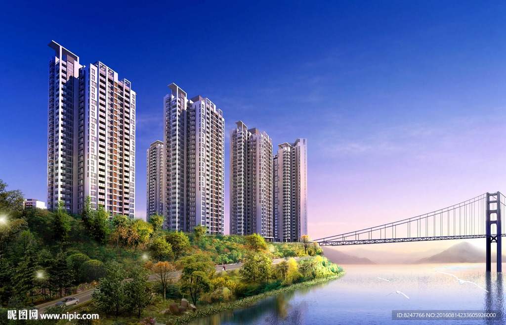 江边大桥黄昏建筑效果图