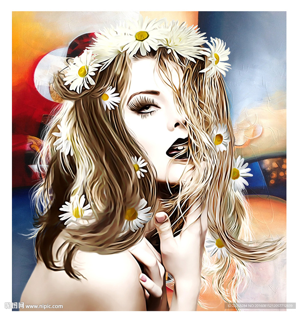 头戴鲜花少女插画