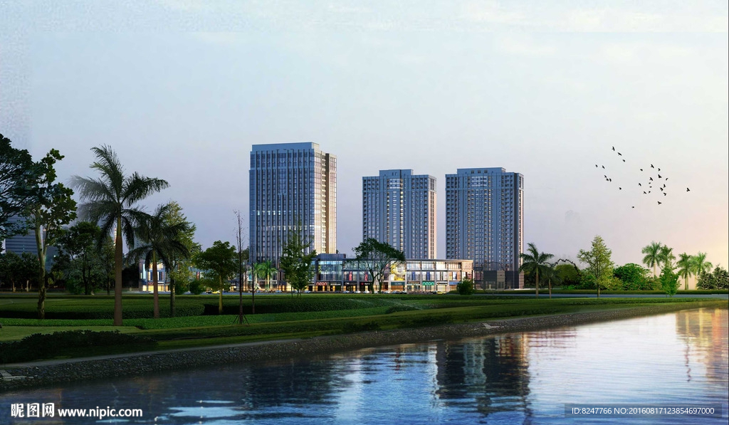 沿江的繁华都市黄昏建筑效果图