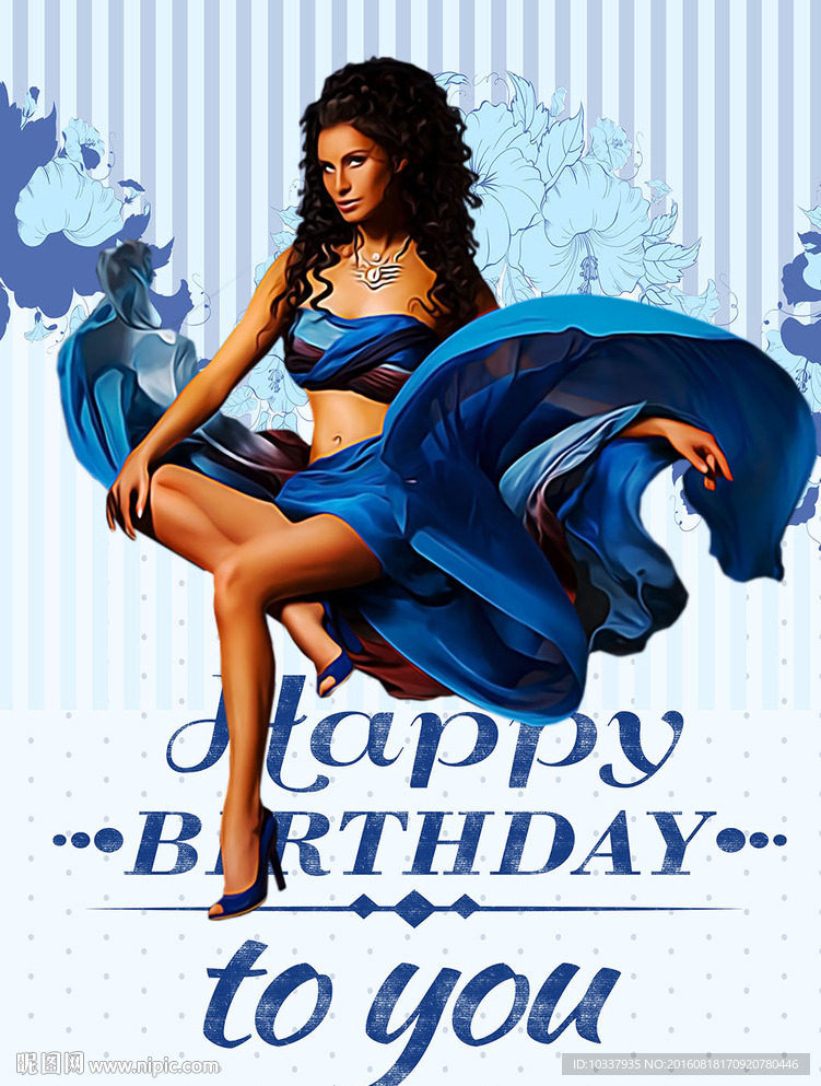 飘逸蓝裙少女插画