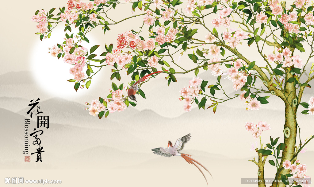 花开富贵花鸟图背景墙