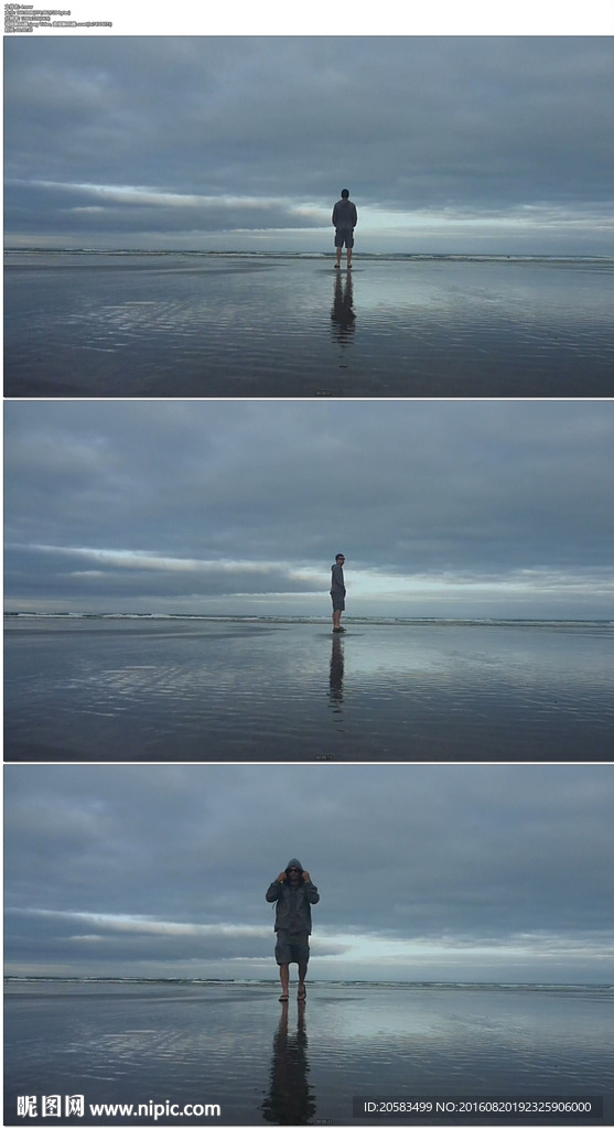 男人独自站在阴云密布的海滩上