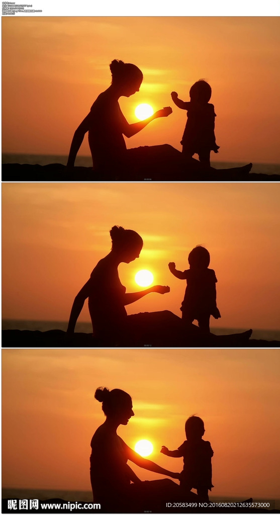 唯美温馨海滩夕阳下的母子