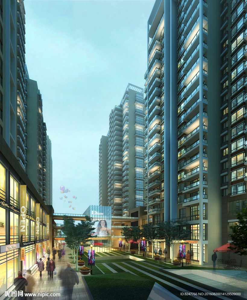 商业住宅楼下商业街建筑效果图