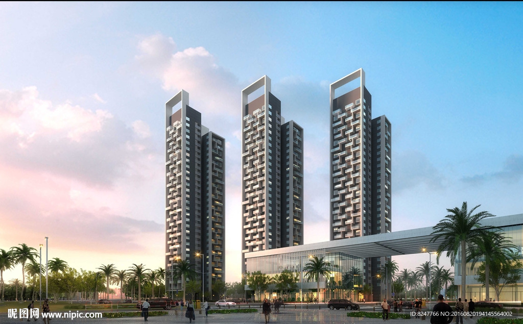 黄昏下的住宅楼建筑效果图