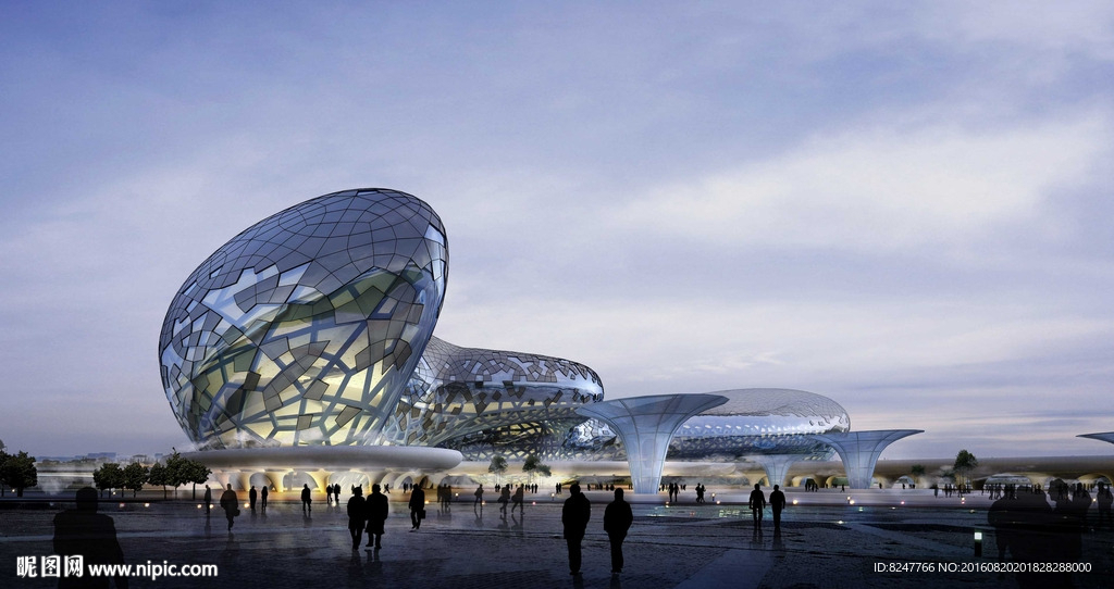 金属建筑商业中心夜景建筑效果图