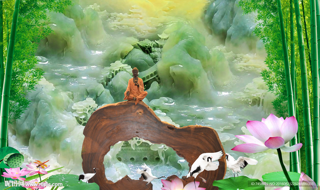 竹林玉石莲花仙鹤立体背景墙