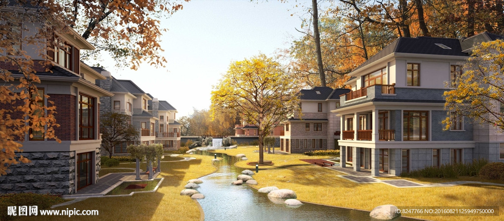 别墅住宅秋景建筑效果图