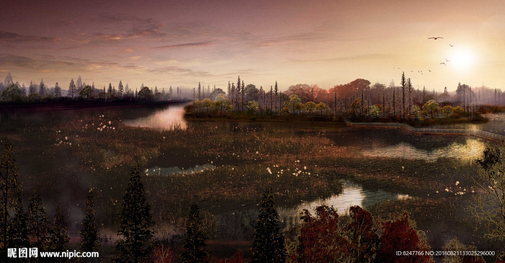 湿地公园黄昏风景效果图
