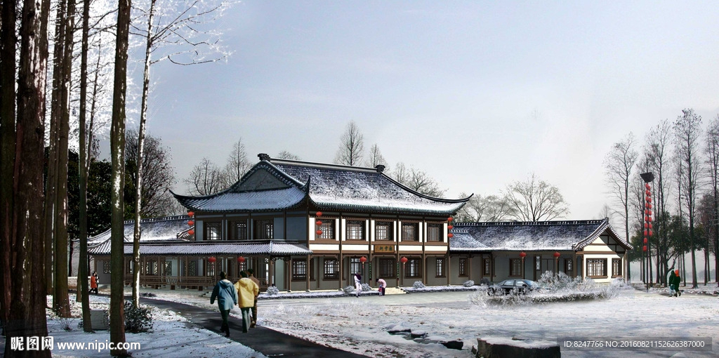 客栈酒店雪景建筑效果图