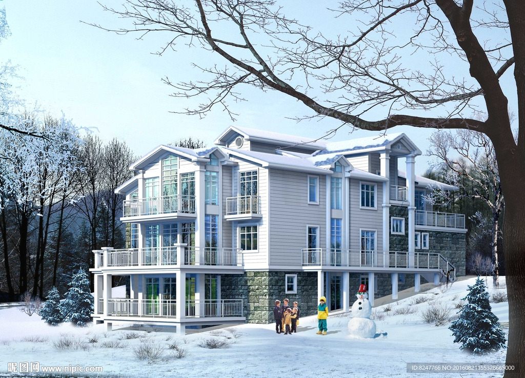 别墅雪景建筑效果图