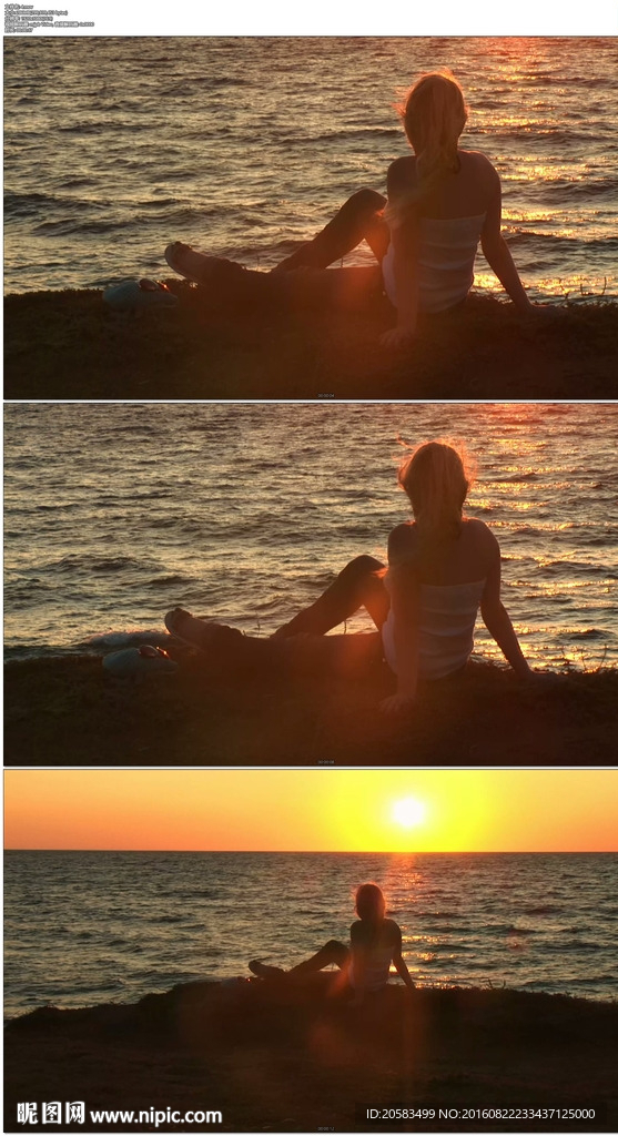 美女海边看夕阳