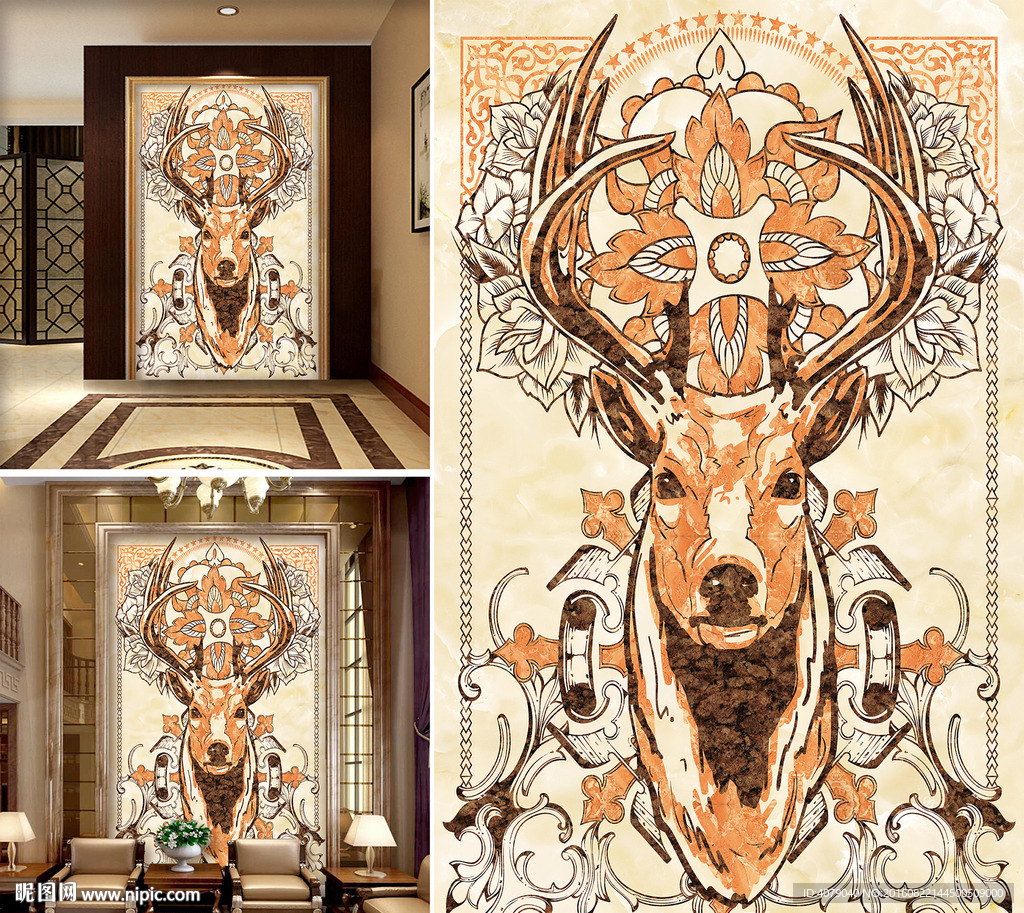 大理石抽象麋鹿瓷砖玄关背景墙