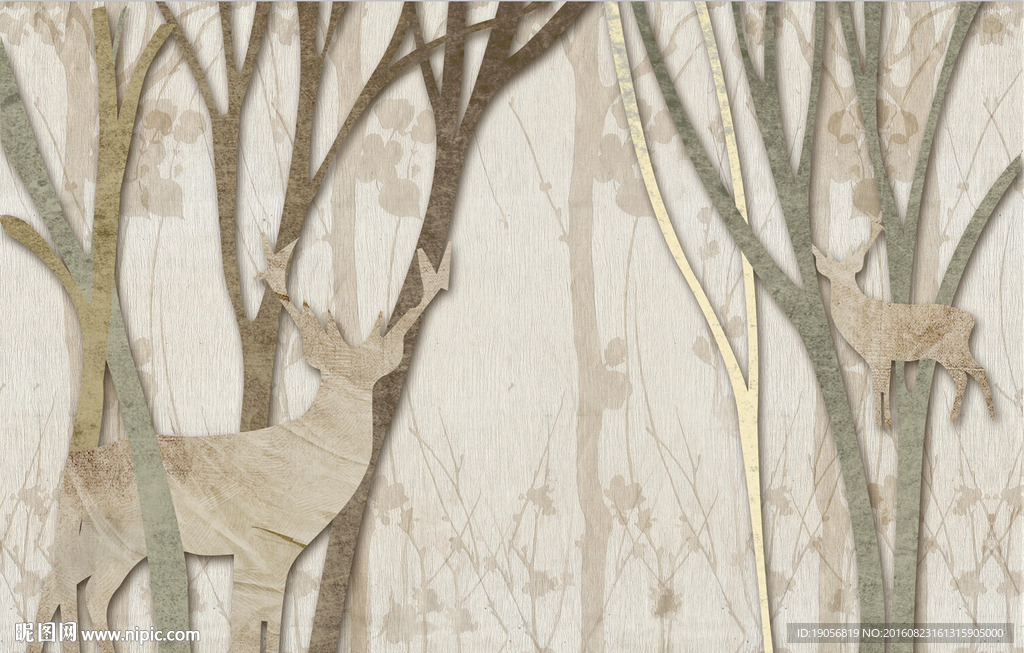 复古手绘森林麋鹿背景墙