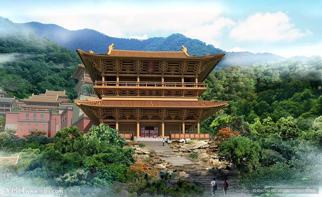 中国文化山间寺庙建筑效果图