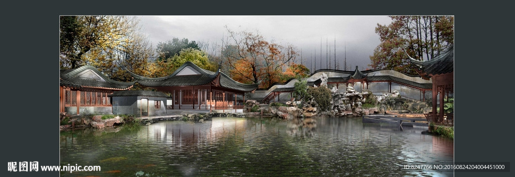 中国古建筑花园后庭景观效果图