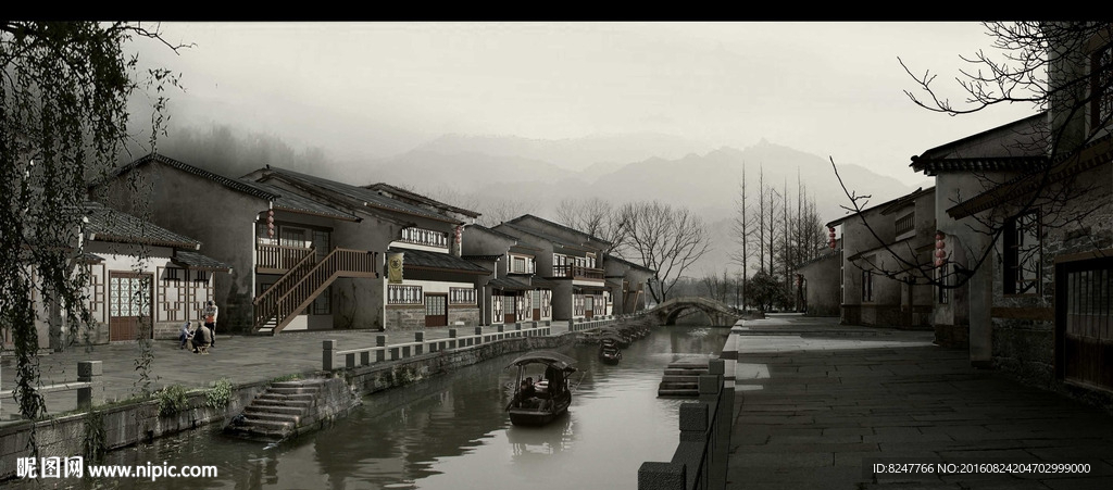 中国风古建筑江南水乡景观效果图