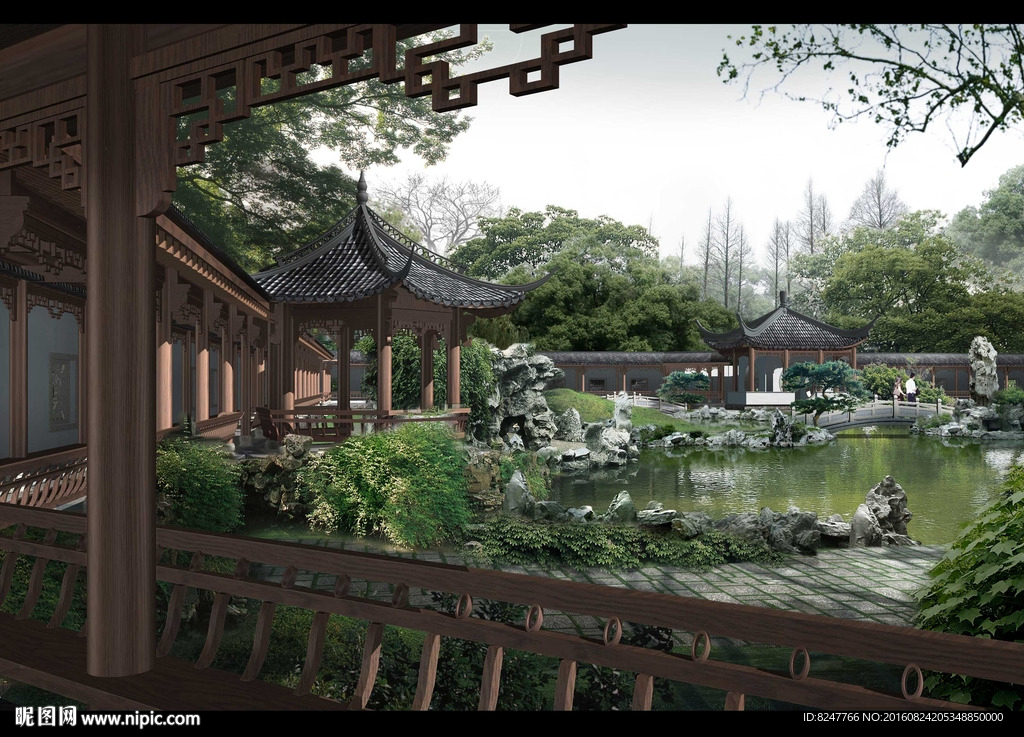 中国风古建筑花园后庭景观效果图