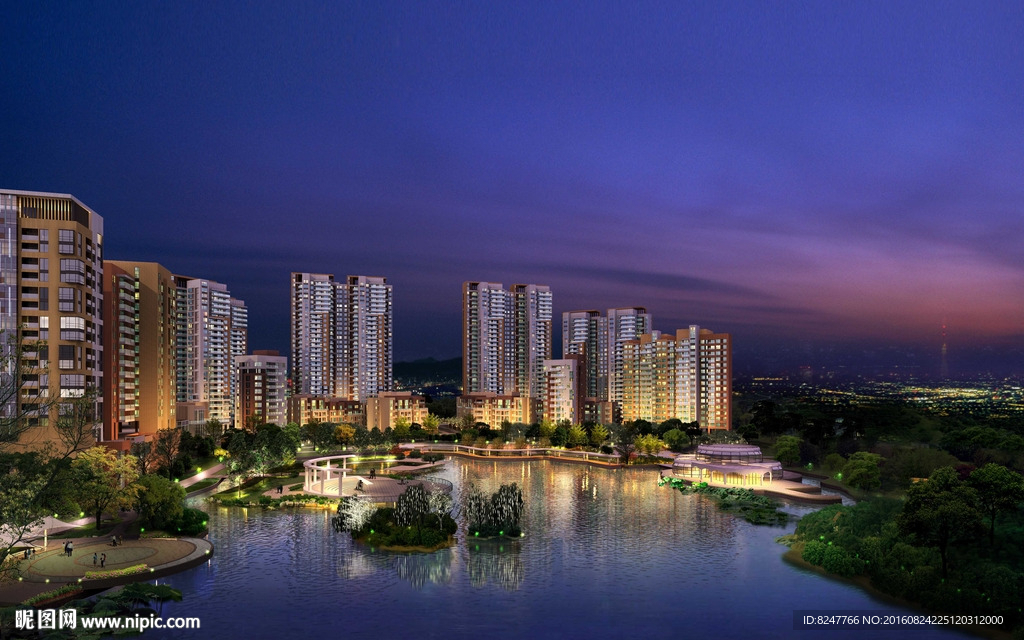 江边住宅夜景建筑效果图