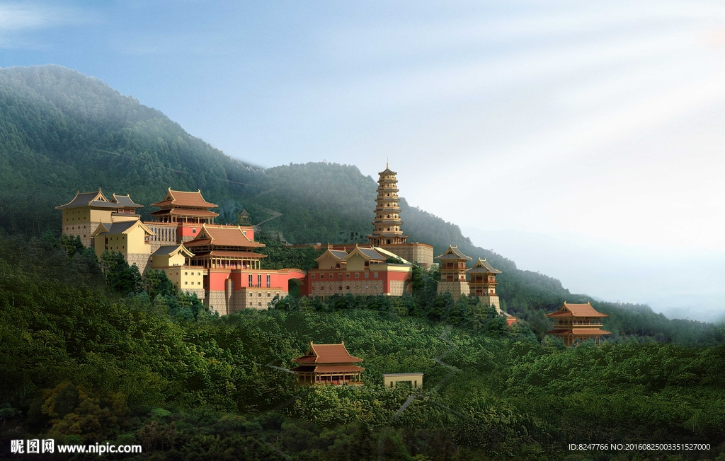 山间寺庙建筑效果图