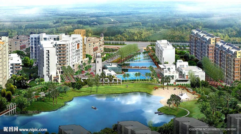 住宅区鸟瞰绿化建筑效果图