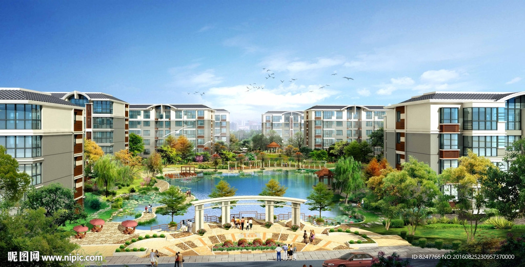 住宅区内廷小湖景观鸟瞰效果图