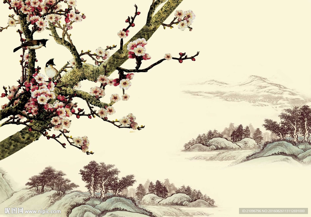 国画花鸟背景墙