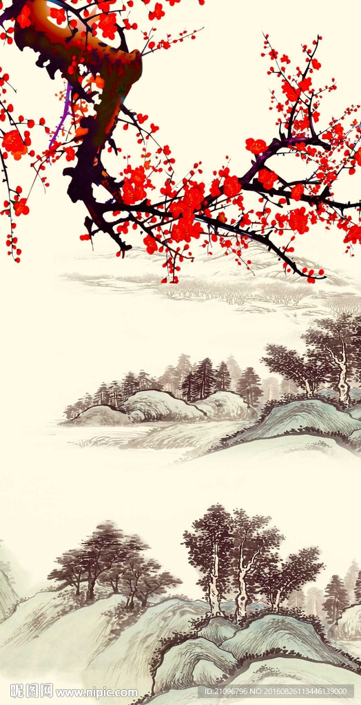 国画梅花玄关背景墙