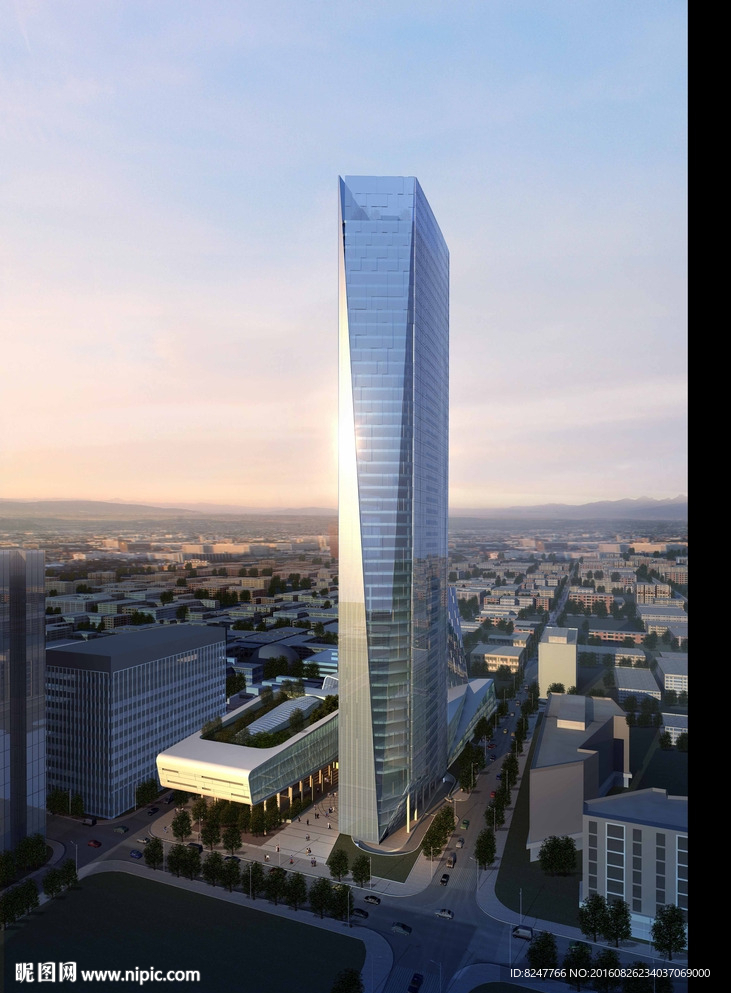 玻璃体高层建筑黄昏效果图