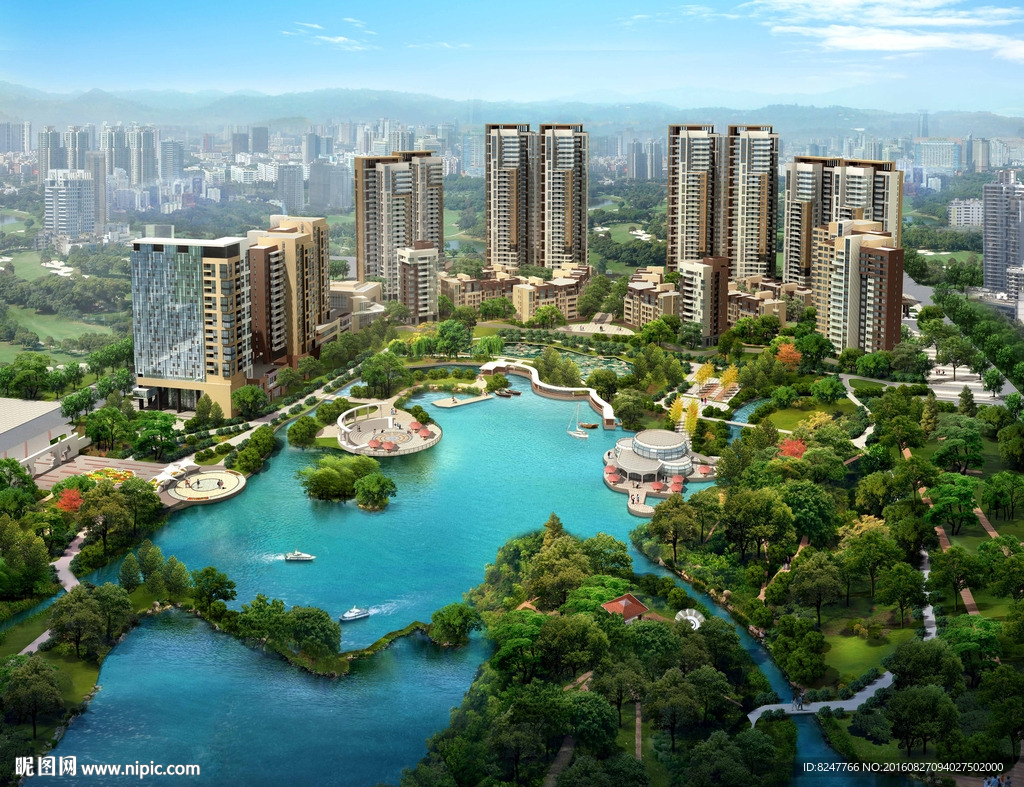 高层住宅区内景湖面鸟瞰效果图