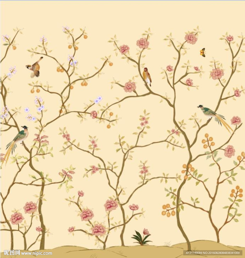 工笔黄色花鸟图背景墙
