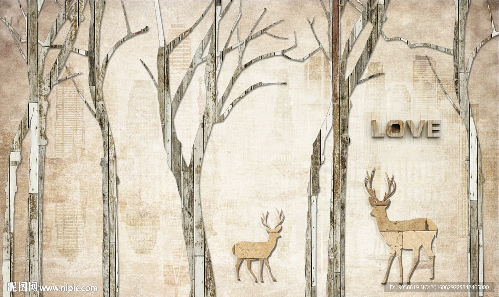 手绘复古森林麋鹿背景墙