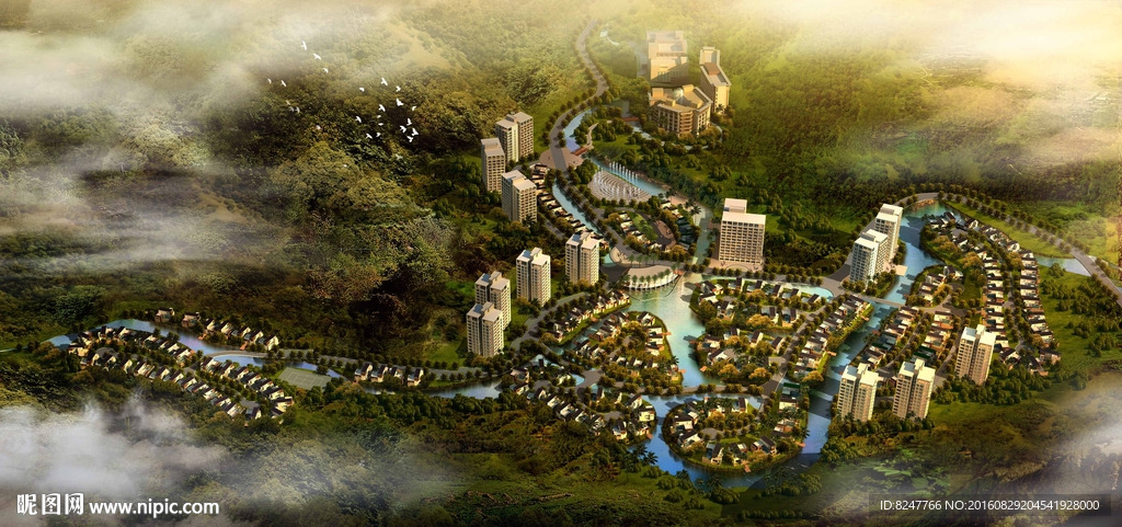 黄昏鸟瞰建筑效果图