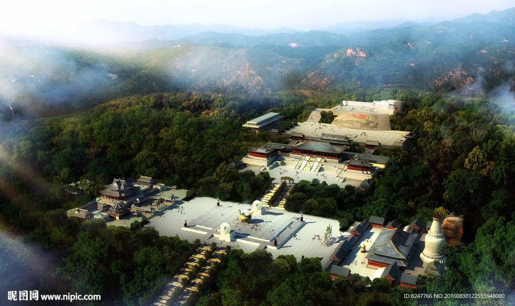 仙人寺庙鸟瞰俯视图景观效果图