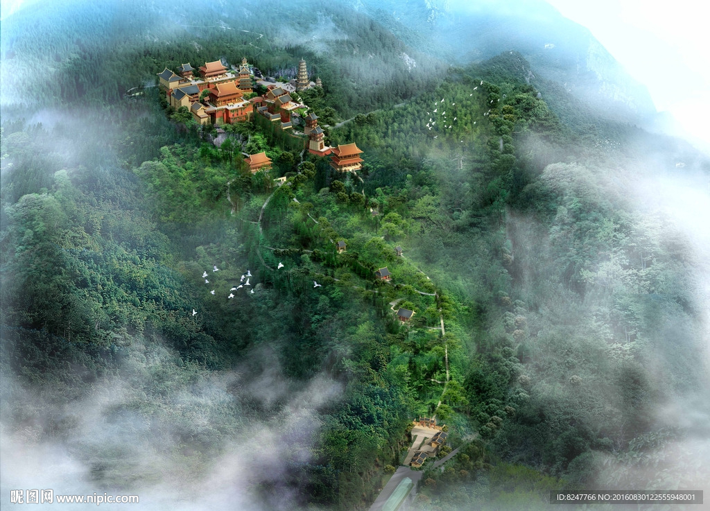森林中的寺庙鸟瞰建筑效果图