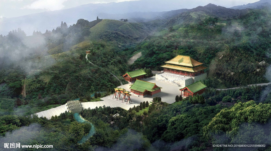 上中寺庙鸟瞰建筑效果图