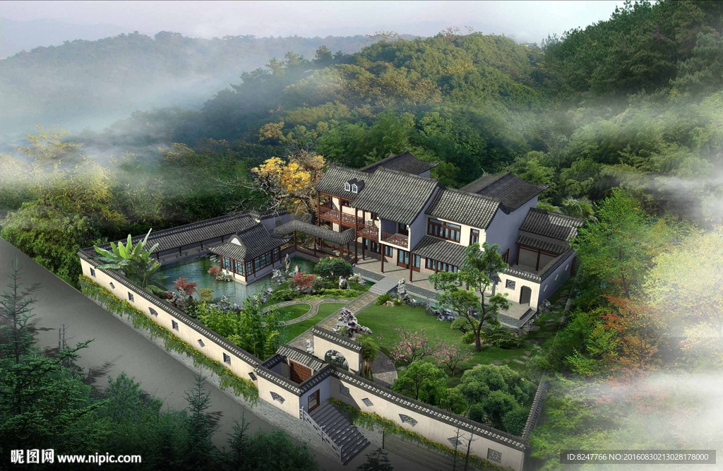 私人住宅中国风建筑鸟瞰效果图