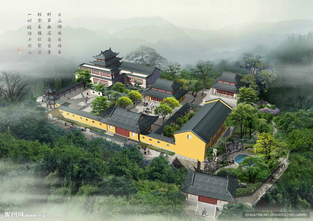 中国古建筑寺院鸟瞰建筑效果图