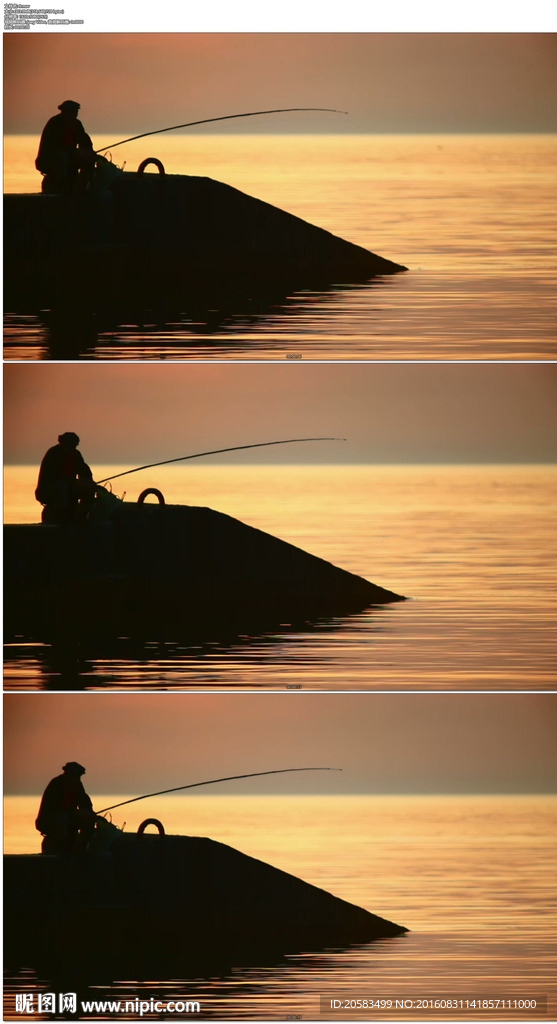 夕阳下海边钓鱼剪影
