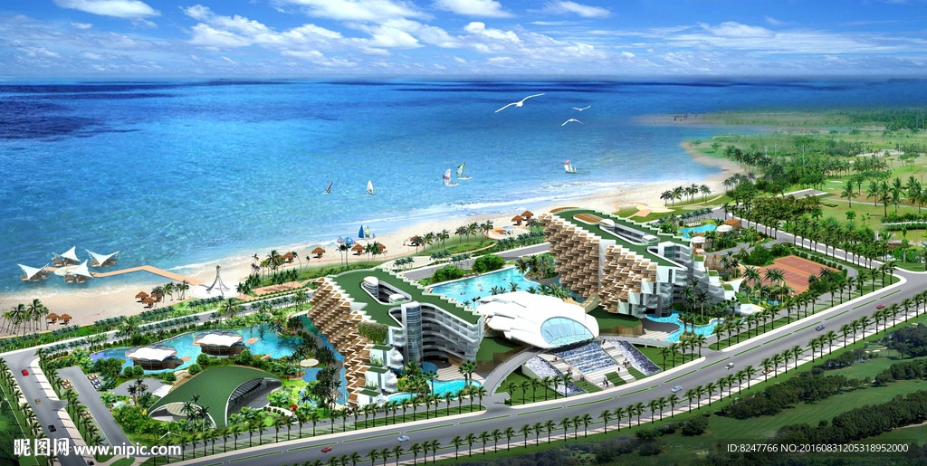 海边酒店休闲娱乐鸟瞰建筑效果图