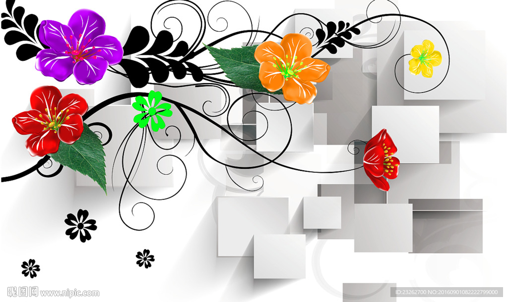 简约立体艺术花朵方格背景墙装饰