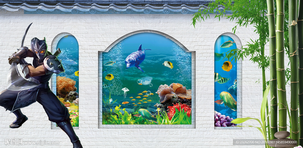 3D立体海底世界游戏人物背景墙