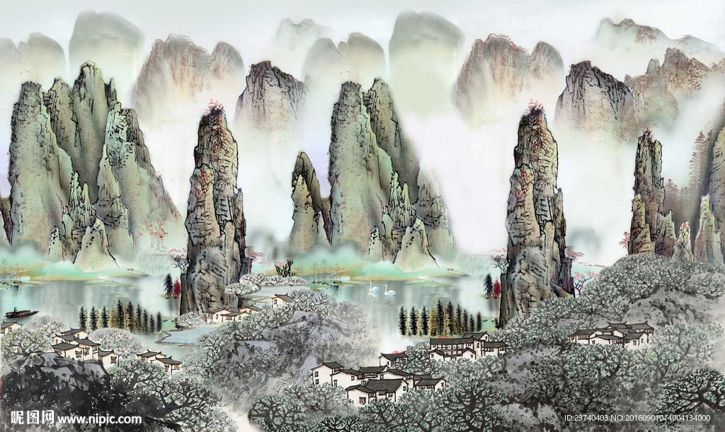 国画山水风景壁画