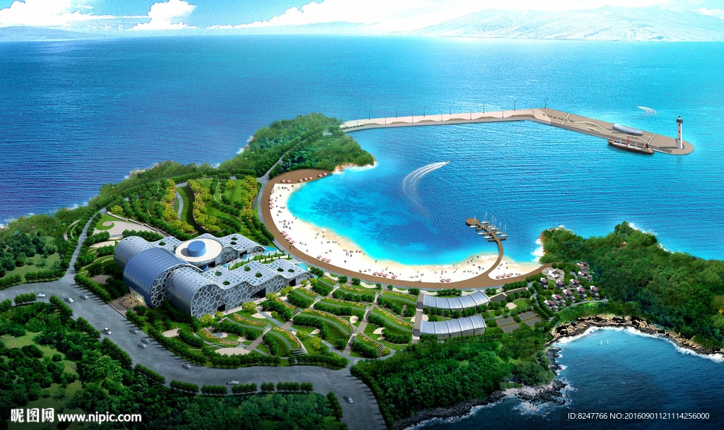 海边酒店海岛鸟瞰建筑效果图