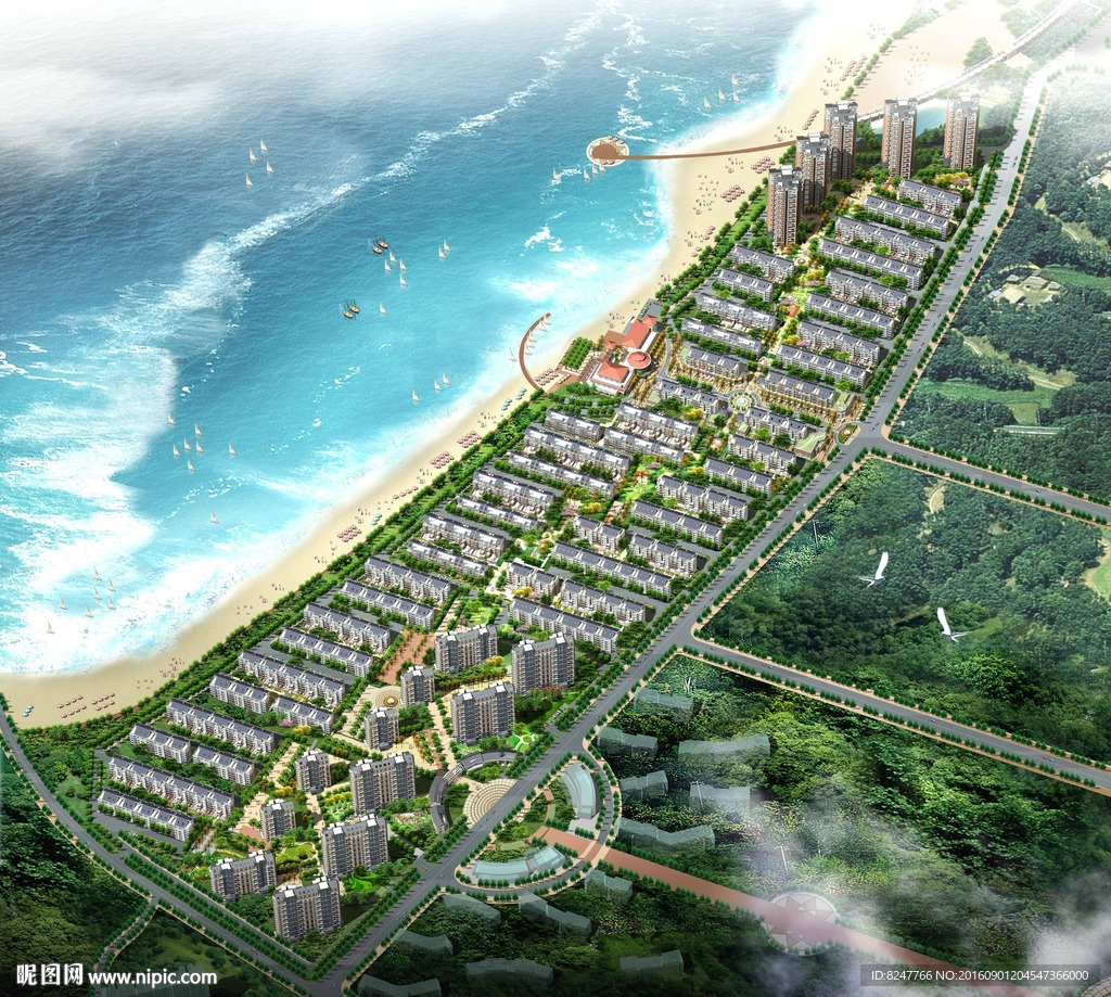 海边住宅区鸟瞰建筑效果图
