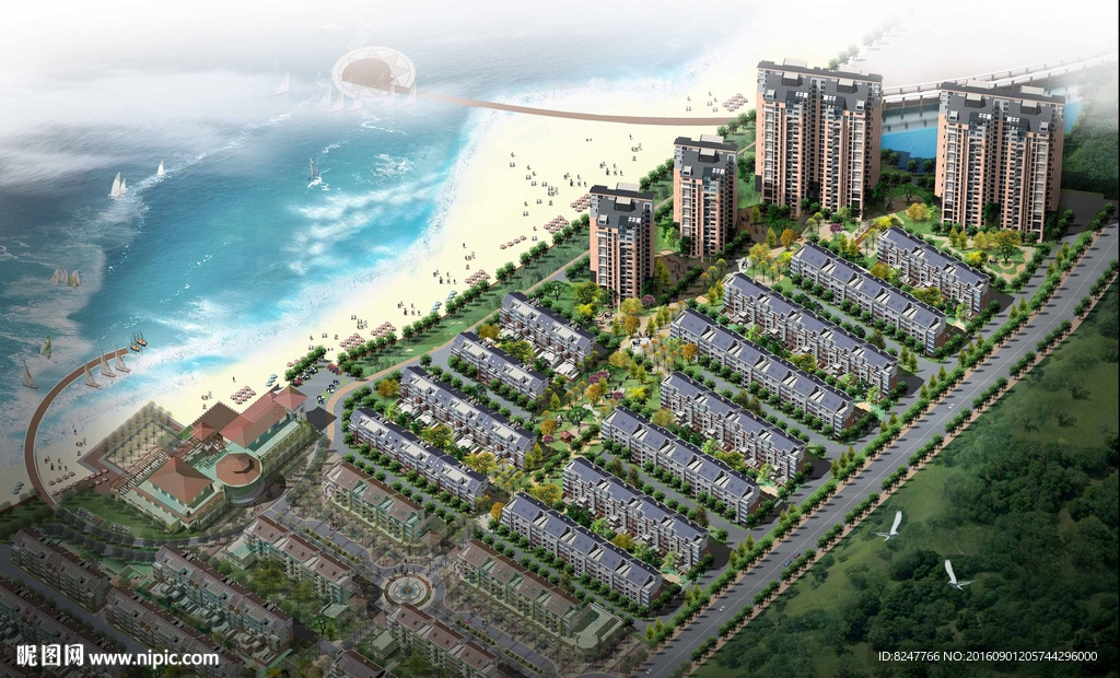 海边高层住宅建筑住宅楼鸟瞰图
