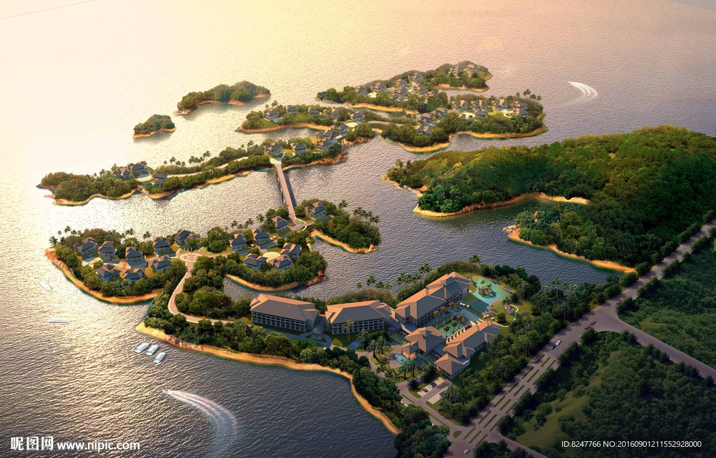 海边小岛休闲娱乐中心鸟瞰建筑图