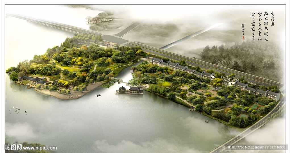 湖边江南水乡鸟瞰建筑效果图